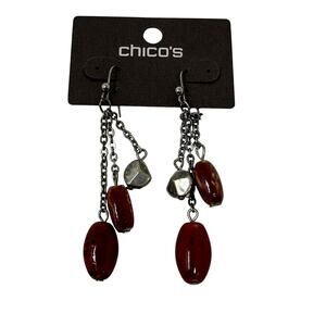 Chicos Dangle Drop Earrings Red Faux Stone + Silver Tone Metal